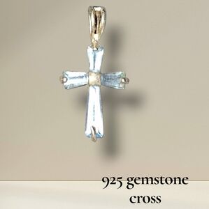 Cross 925 sterling silver Signed Blue Gemstone Baguette Pendant